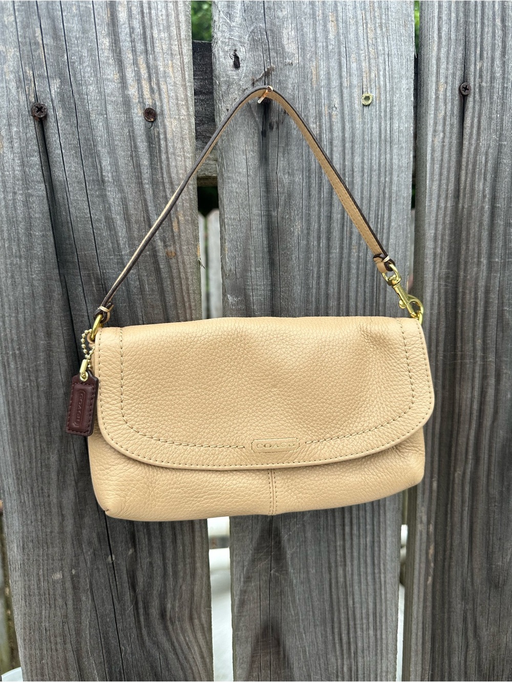Coach Beige Pebble Leather Mini Bag with Top Strap